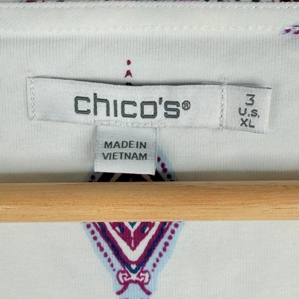 Chico's Knit Square Neck White Purple Paisley Chiffon Flutter Sleeve Top SZ-3-XL